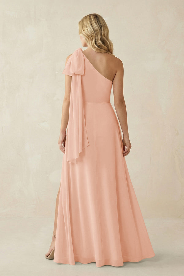 Ruffled One Shoulder Chiffon Bridesmaid Dress With Slit in English Rose - SHE IS ME BRIDESMAID DRESSES