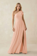 Ruffled One Shoulder Chiffon Bridesmaid Dress With Slit in English Rose - SHE IS ME BRIDESMAID DRESSES