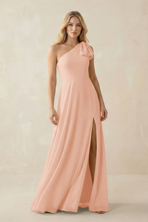 Ruffled One Shoulder Chiffon Bridesmaid Dress With Slit in English Rose - SHE IS ME BRIDESMAID DRESSES