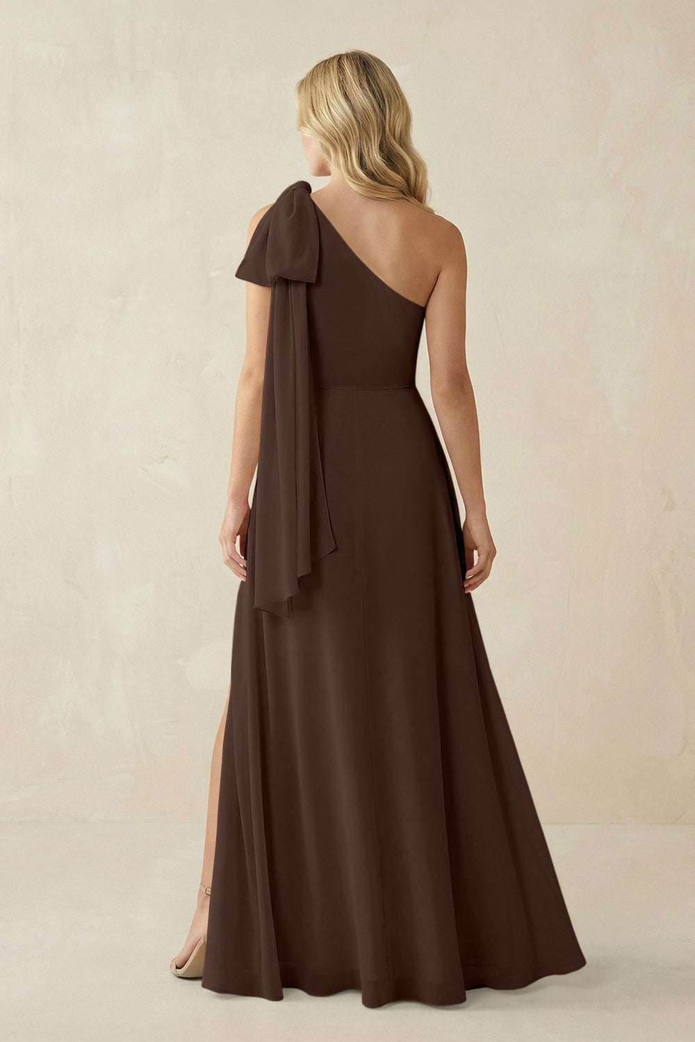 Ruffled One Shoulder Chiffon Bridesmaid Dress With Slit in Espresso - KISS BRIDAL BRIDESMAID DRESSES