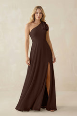 Ruffled One Shoulder Chiffon Bridesmaid Dress With Slit in Espresso - KISS BRIDAL BRIDESMAID DRESSES