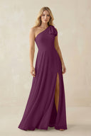 Ruffled One Shoulder Chiffon Bridesmaid Dress With Slit in Fig - SHE IS ME BRIDESMAID DRESSES