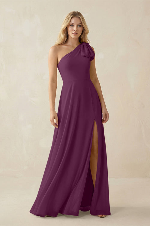 Ruffled One Shoulder Chiffon Bridesmaid Dress With Slit in Fig - SHE IS ME BRIDESMAID DRESSES