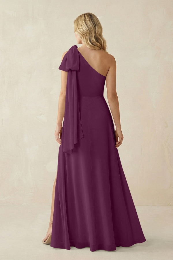 Ruffled One Shoulder Chiffon Bridesmaid Dress With Slit in Fig - SHE IS ME BRIDESMAID DRESSES