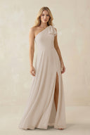 Ruffled One Shoulder Chiffon Bridesmaid Dress With Slit in Frost - SHE IS ME BRIDESMAID DRESSES