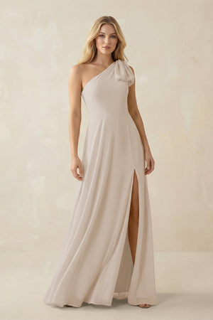 Ruffled One Shoulder Chiffon Bridesmaid Dress With Slit in Frost - SHE IS ME BRIDESMAID DRESSES