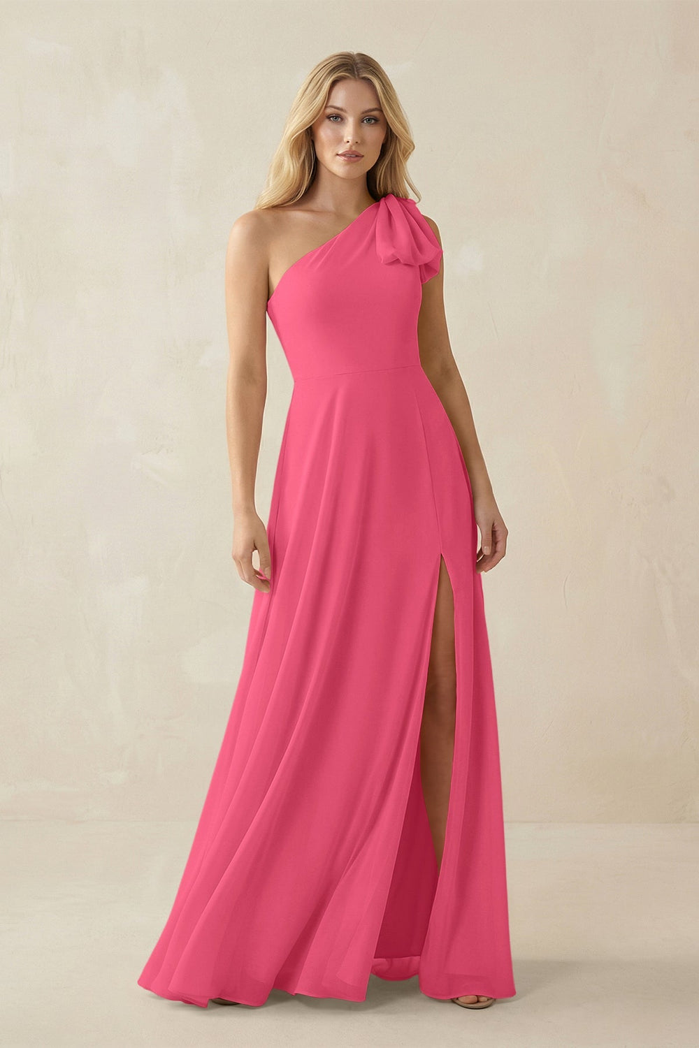 Ruffled One Shoulder Chiffon Bridesmaid Dress With Slit in Fuchsia - KISS BRIDAL BRIDESMAID DRESSES