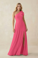 Ruffled One Shoulder Chiffon Bridesmaid Dress With Slit in Fuchsia - SHE IS ME BRIDESMAID DRESSES