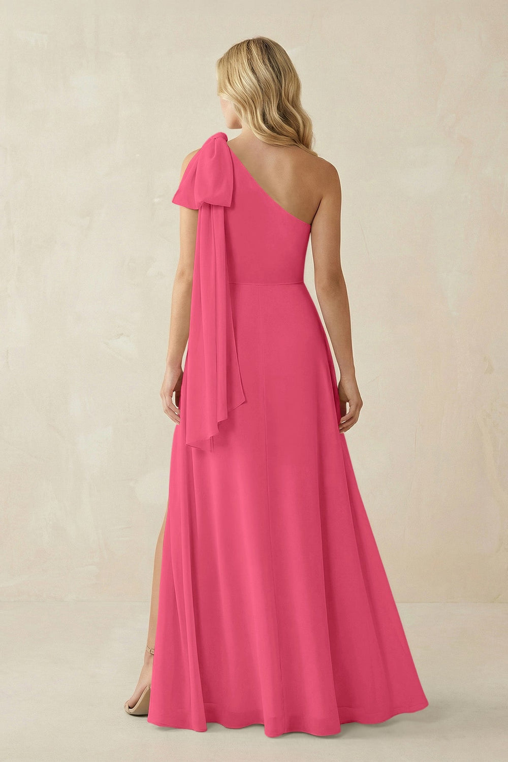 Ruffled One Shoulder Chiffon Bridesmaid Dress With Slit in Fuchsia - KISS BRIDAL BRIDESMAID DRESSES