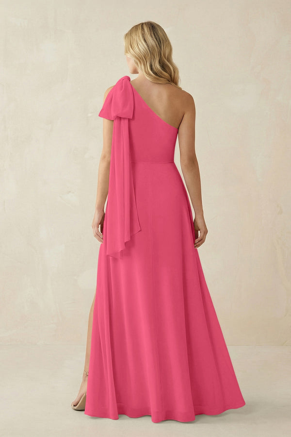 Ruffled One Shoulder Chiffon Bridesmaid Dress With Slit in Fuchsia - SHE IS ME BRIDESMAID DRESSES