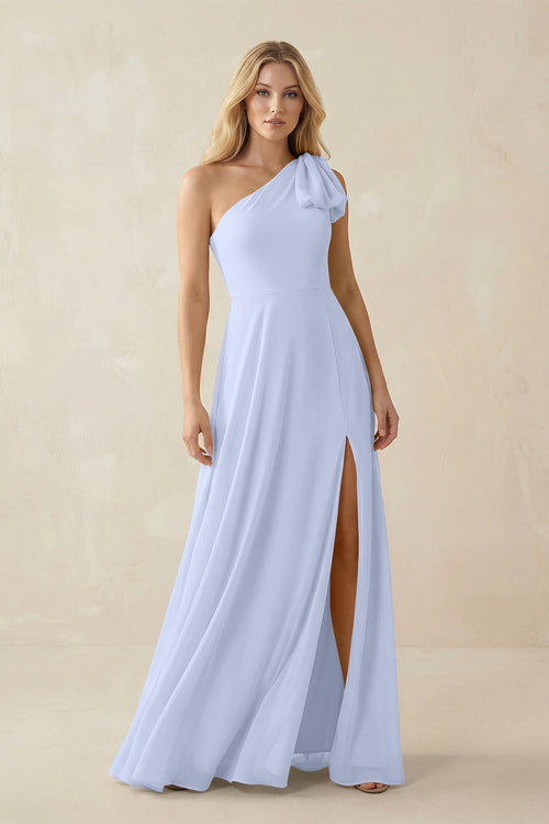 Ruffled One Shoulder Chiffon Bridesmaid Dress With Slit in Ice - SHE IS ME BRIDESMAID DRESSES