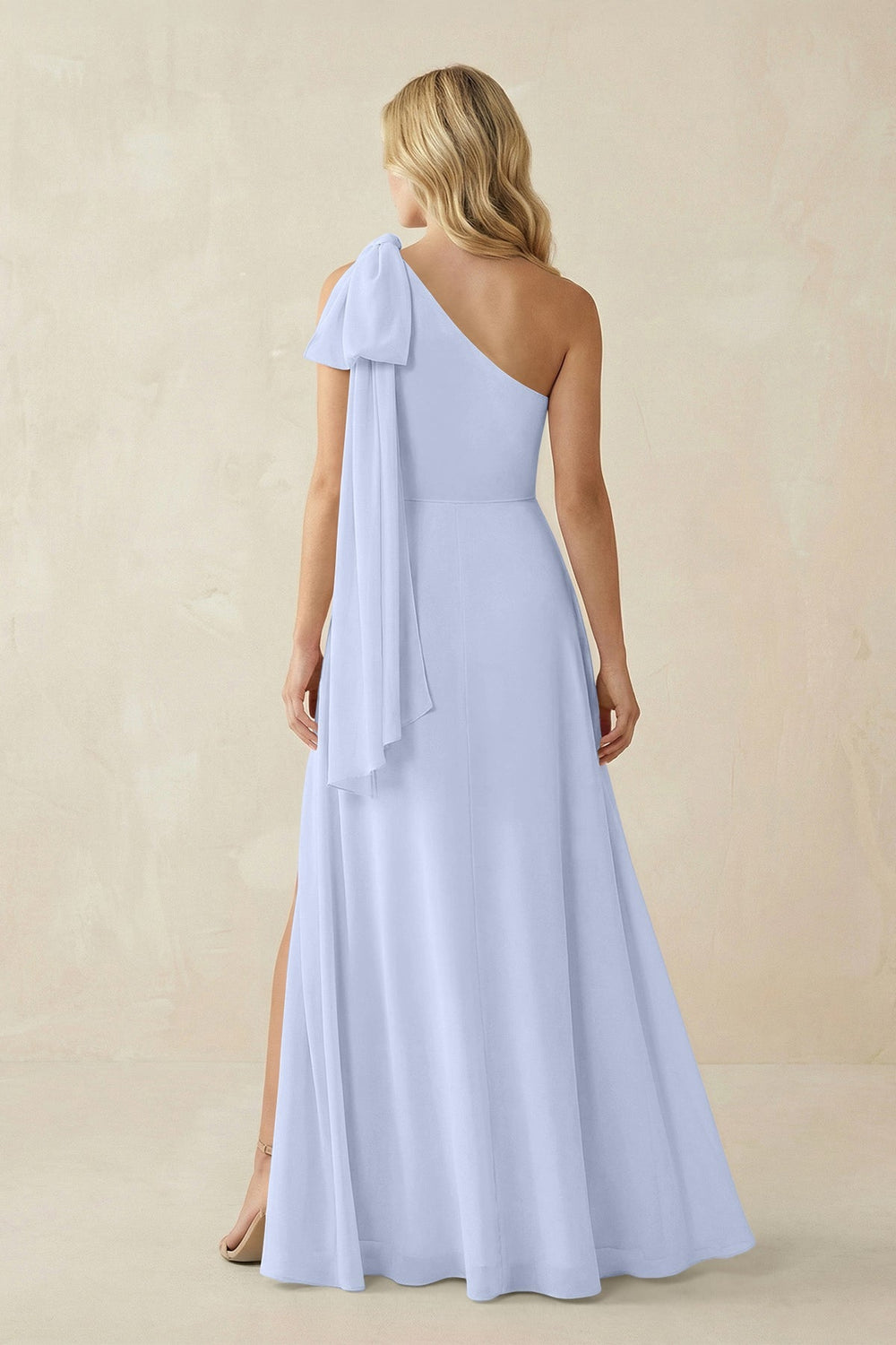 Ruffled One Shoulder Chiffon Bridesmaid Dress With Slit in Ice - KISS BRIDAL BRIDESMAID DRESSES