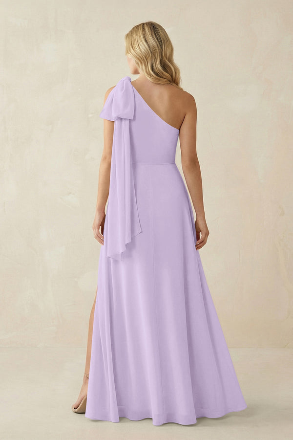 Ruffled One Shoulder Chiffon Bridesmaid Dress With Slit in Lavender - SHE IS ME BRIDESMAID DRESSES