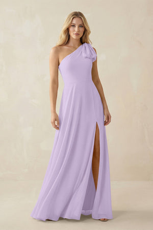 Ruffled One Shoulder Chiffon Bridesmaid Dress With Slit in Lavender - SHE IS ME BRIDESMAID DRESSES