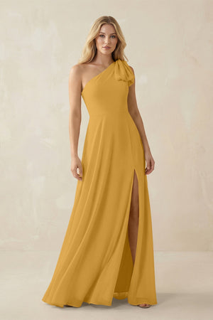 Ruffled One Shoulder Chiffon Bridesmaid Dress With Slit in Marigold - SHE IS ME BRIDESMAID DRESSES
