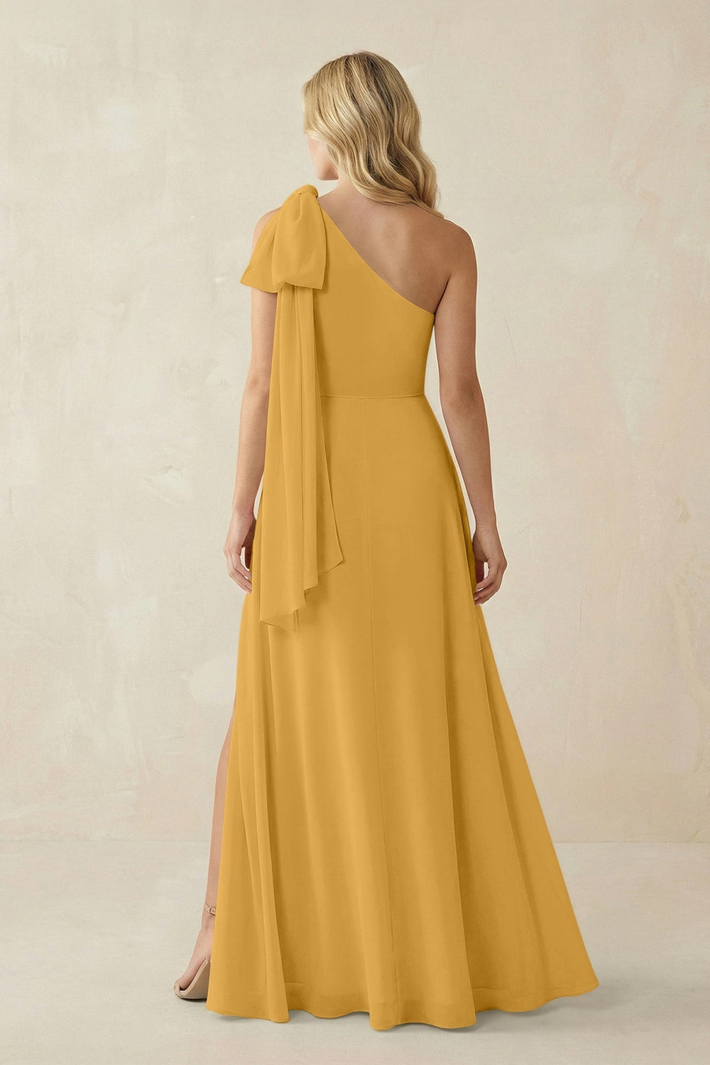 Ruffled One Shoulder Chiffon Bridesmaid Dress With Slit in Marigold - KISS BRIDAL BRIDESMAID DRESSES
