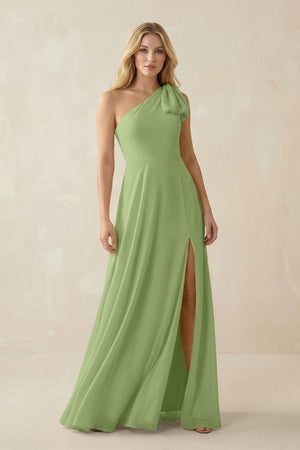 Ruffled One Shoulder Chiffon Bridesmaid Dress With Slit in Matcha - SHE IS ME BRIDESMAID DRESSES