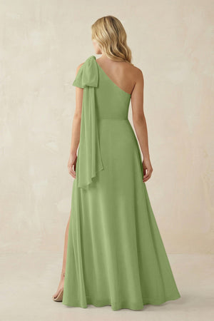 Ruffled One Shoulder Chiffon Bridesmaid Dress With Slit in Matcha - SHE IS ME BRIDESMAID DRESSES