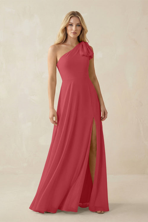 Ruffled One Shoulder Chiffon Bridesmaid Dress With Slit in Merlot - SHE IS ME BRIDESMAID DRESSES