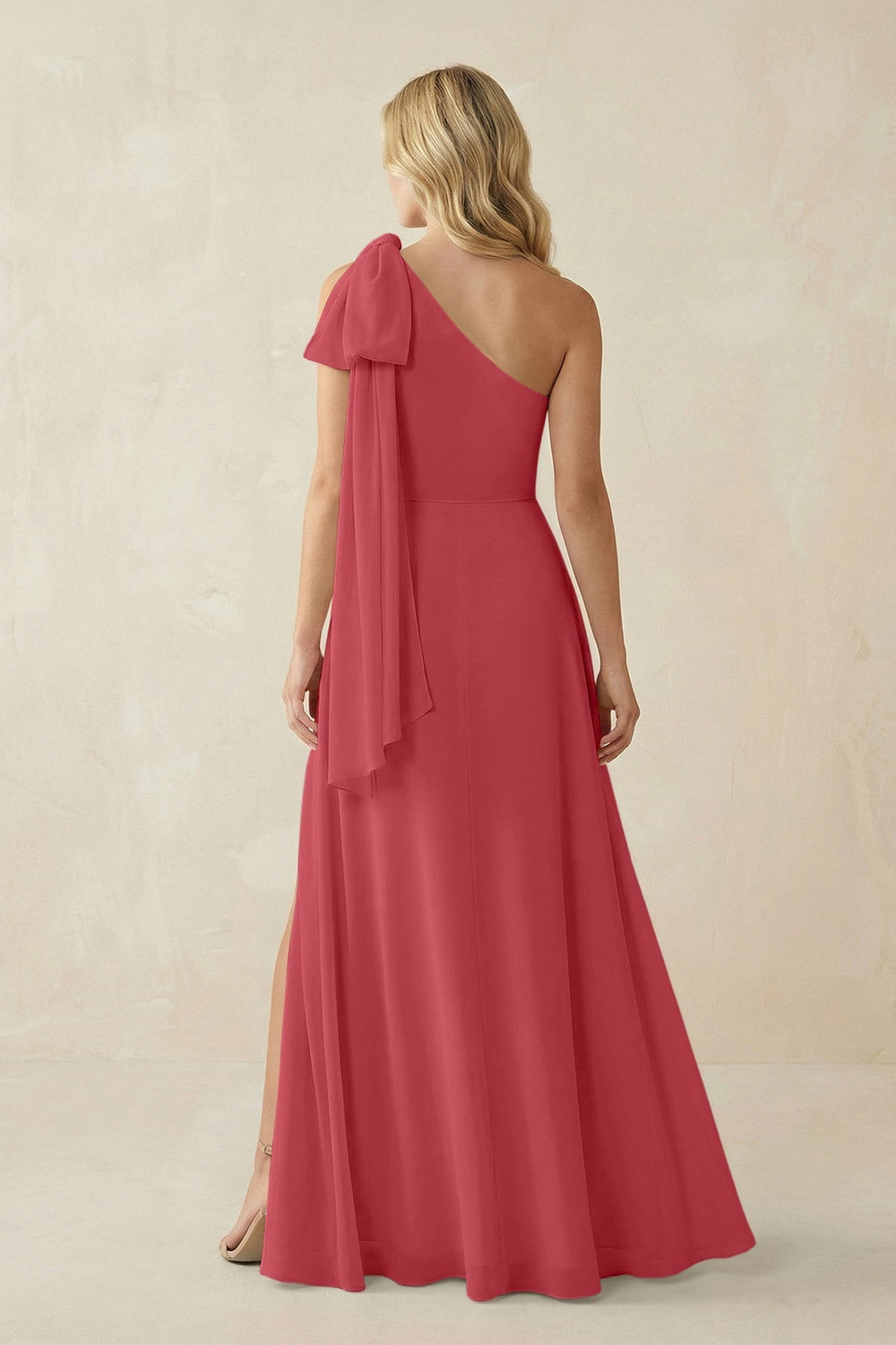 Ruffled One Shoulder Chiffon Bridesmaid Dress With Slit in Merlot - KISS BRIDAL BRIDESMAID DRESSES