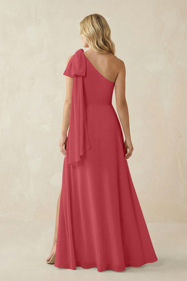 Ruffled One Shoulder Chiffon Bridesmaid Dress With Slit in Merlot - SHE IS ME BRIDESMAID DRESSES