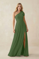 Ruffled One Shoulder Chiffon Bridesmaid Dress With Slit in Moss - SHE IS ME BRIDESMAID DRESSES