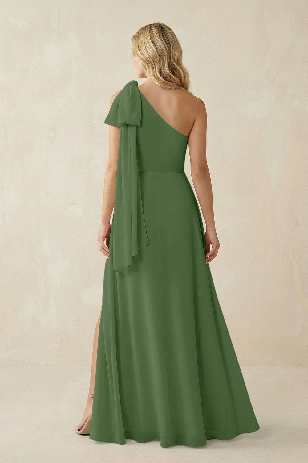 Ruffled One Shoulder Chiffon Bridesmaid Dress With Slit in Moss - KISS BRIDAL BRIDESMAID DRESSES