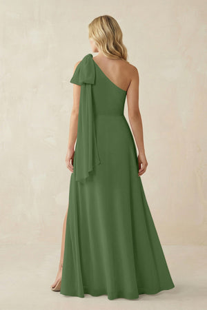 Ruffled One Shoulder Chiffon Bridesmaid Dress With Slit in Moss - SHE IS ME BRIDESMAID DRESSES