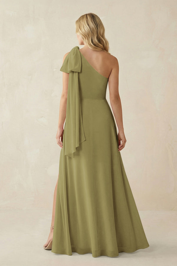 Ruffled One Shoulder Chiffon Bridesmaid Dress With Slit in Moss Green (2) | KISSBRIDAL