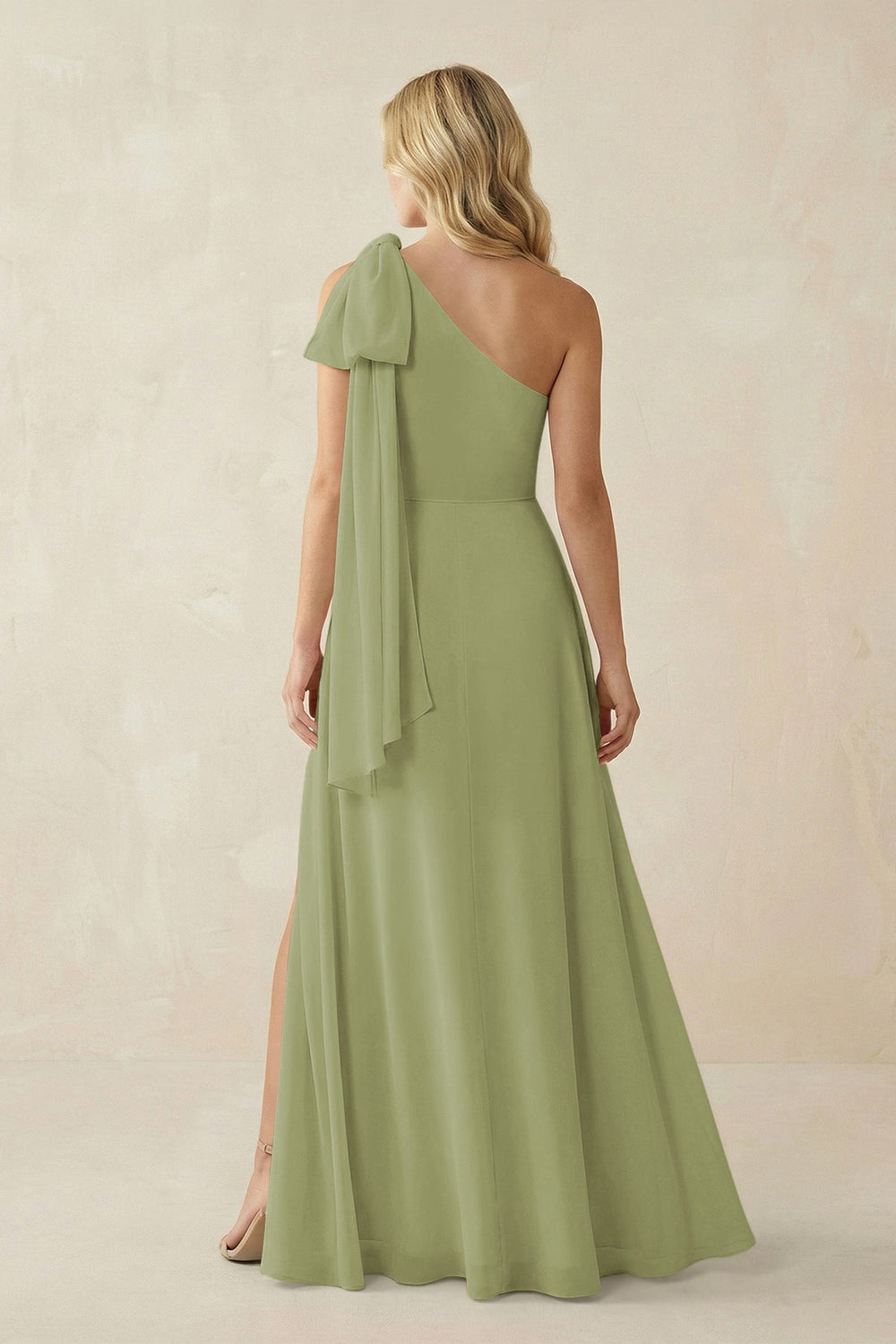 Ruffled One Shoulder Chiffon Bridesmaid Dress With Slit in Moss Green - KISS BRIDAL BRIDESMAID DRESSES