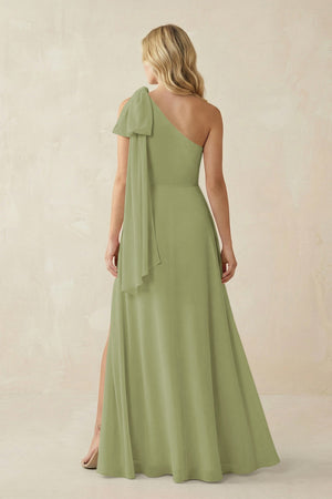 Ruffled One Shoulder Chiffon Bridesmaid Dress With Slit in Moss Green - SHE IS ME BRIDESMAID DRESSES