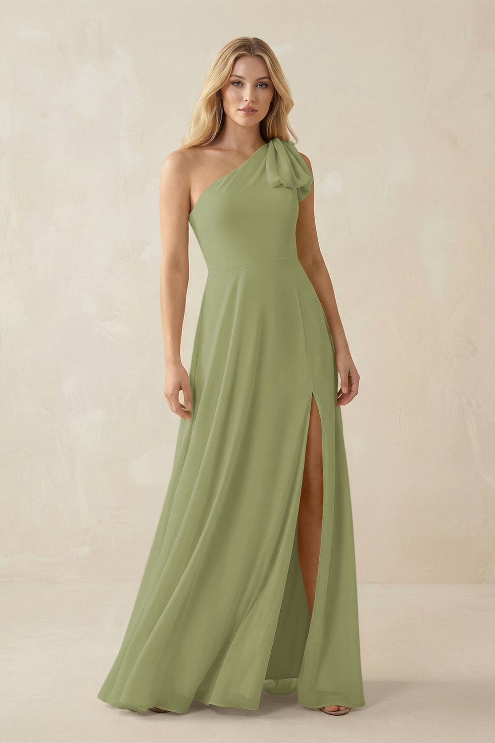 Ruffled One Shoulder Chiffon Bridesmaid Dress With Slit in Moss Green - KISS BRIDAL BRIDESMAID DRESSES