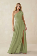 Ruffled One Shoulder Chiffon Bridesmaid Dress With Slit in Moss Green - SHE IS ME BRIDESMAID DRESSES