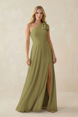 Ruffled One Shoulder Chiffon Bridesmaid Dress With Slit in Moss Green | KISSBRIDAL