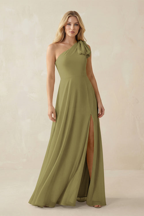 Ruffled One Shoulder Chiffon Bridesmaid Dress With Slit in Moss Green | KISSBRIDAL