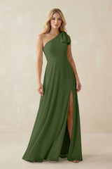 Ruffled One Shoulder Chiffon Bridesmaid Dress With Slit in Moss | KISSBRIDAL