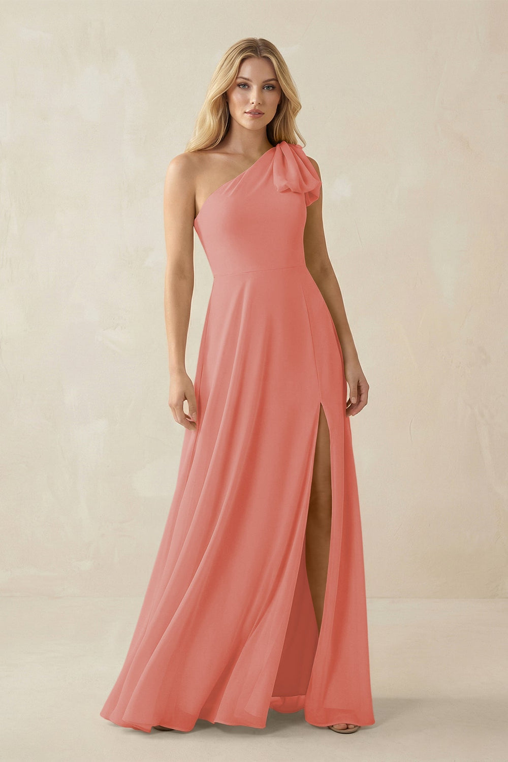 Ruffled One Shoulder Chiffon Bridesmaid Dress With Slit in Mulberry - KISS BRIDAL BRIDESMAID DRESSES