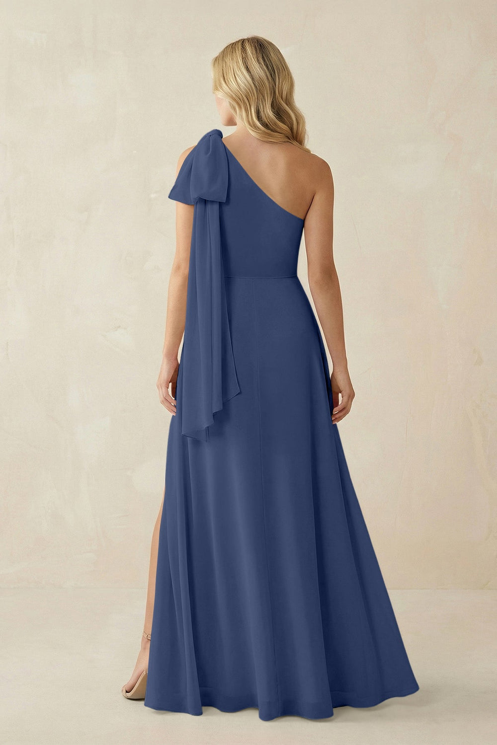 Ruffled One Shoulder Chiffon Bridesmaid Dress With Slit in Navy - KISS BRIDAL BRIDESMAID DRESSES