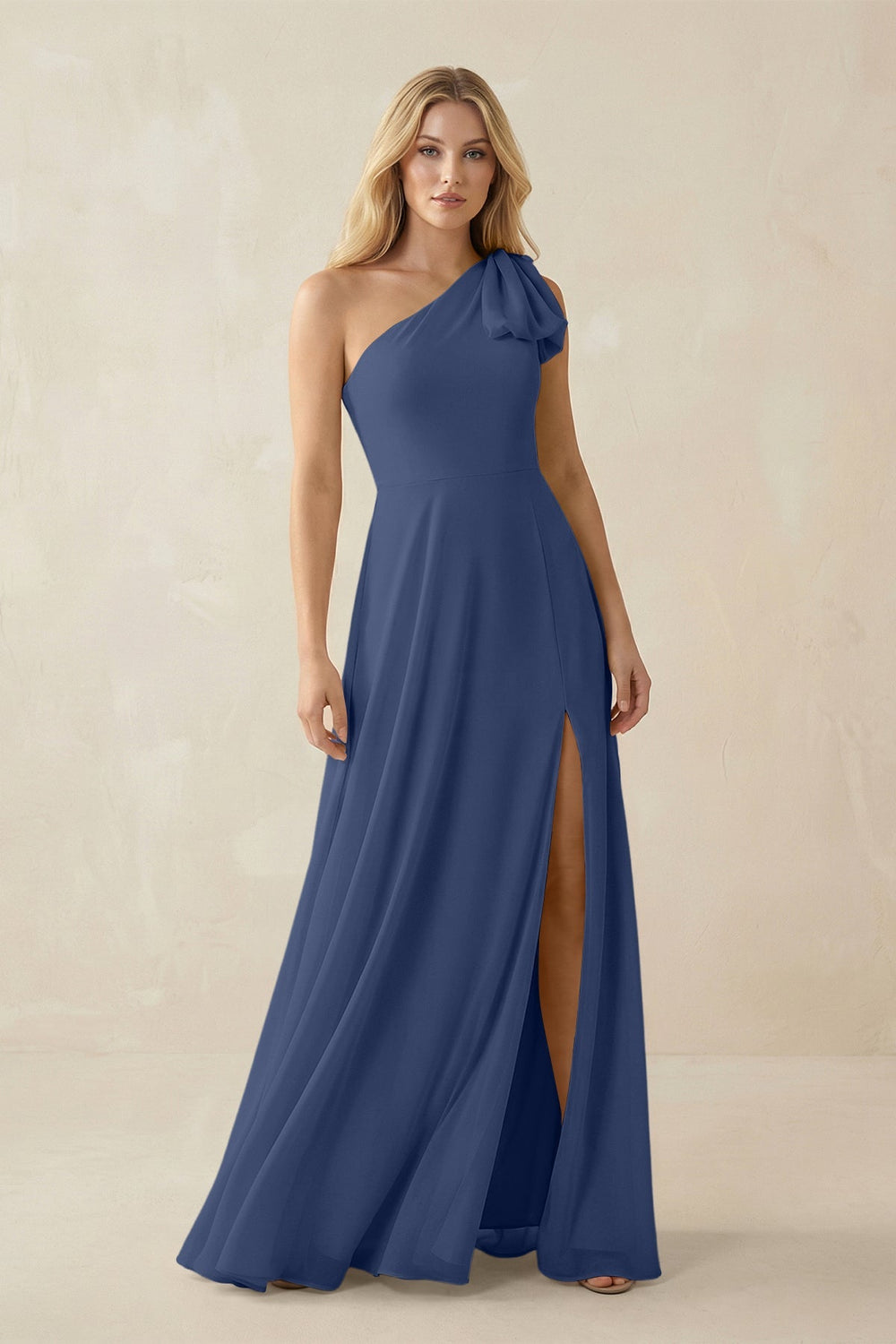 Ruffled One Shoulder Chiffon Bridesmaid Dress With Slit in Navy - KISS BRIDAL BRIDESMAID DRESSES