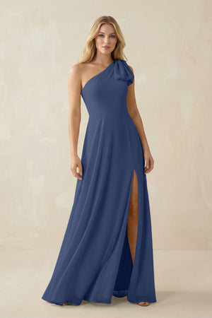 Ruffled One Shoulder Chiffon Bridesmaid Dress With Slit in Navy - SHE IS ME BRIDESMAID DRESSES