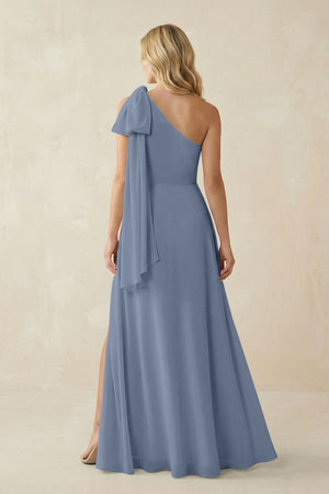 Ruffled One Shoulder Chiffon Bridesmaid Dress With Slit in Neptune - SHE IS ME BRIDESMAID DRESSES