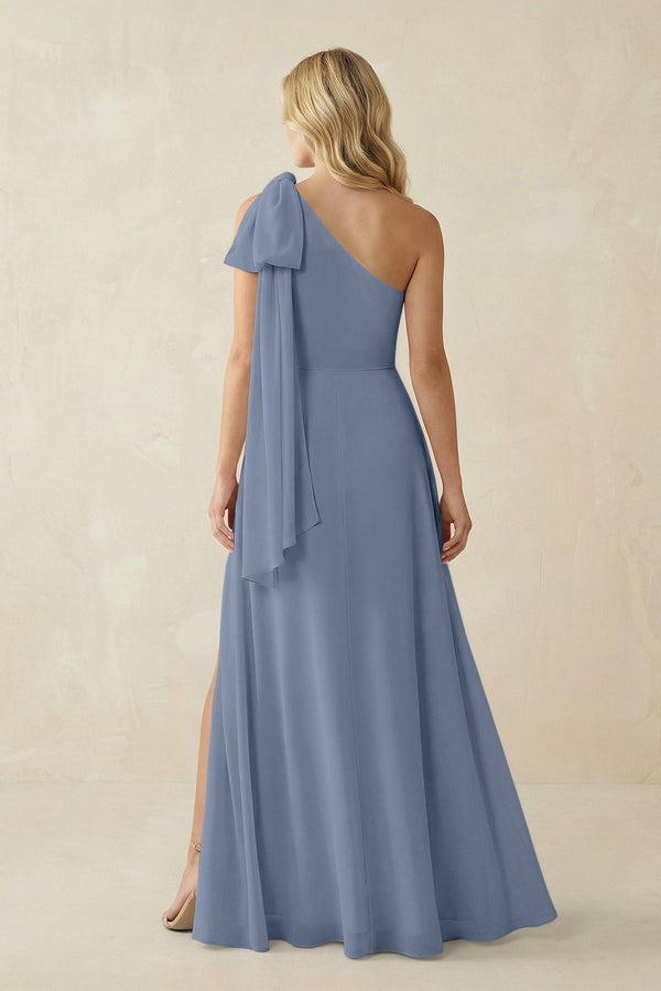 Ruffled One Shoulder Chiffon Bridesmaid Dress With Slit in Neptune - SHE IS ME BRIDESMAID DRESSES