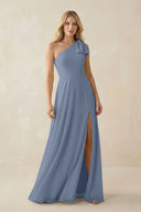 Ruffled One Shoulder Chiffon Bridesmaid Dress With Slit in Neptune - SHE IS ME BRIDESMAID DRESSES