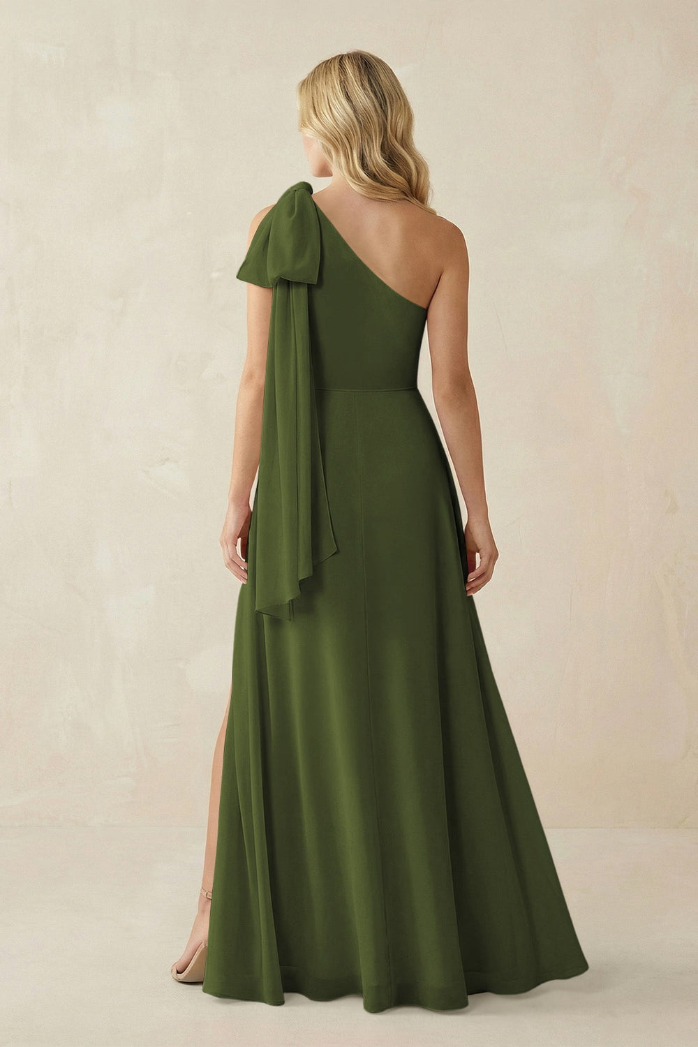 Ruffled One Shoulder Chiffon Bridesmaid Dress With Slit in Olive - KISS BRIDAL BRIDESMAID DRESSES