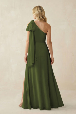 Ruffled One Shoulder Chiffon Bridesmaid Dress With Slit in Olive - SHE IS ME BRIDESMAID DRESSES