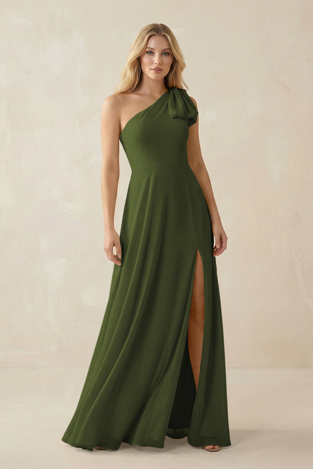 Ruffled One Shoulder Chiffon Bridesmaid Dress With Slit in Olive - KISS BRIDAL BRIDESMAID DRESSES