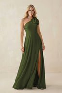 Ruffled One Shoulder Chiffon Bridesmaid Dress With Slit in Olive - SHE IS ME BRIDESMAID DRESSES