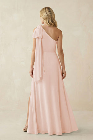 Ruffled One Shoulder Chiffon Bridesmaid Dress With Slit in Pale Blush - SHE IS ME BRIDESMAID DRESSES