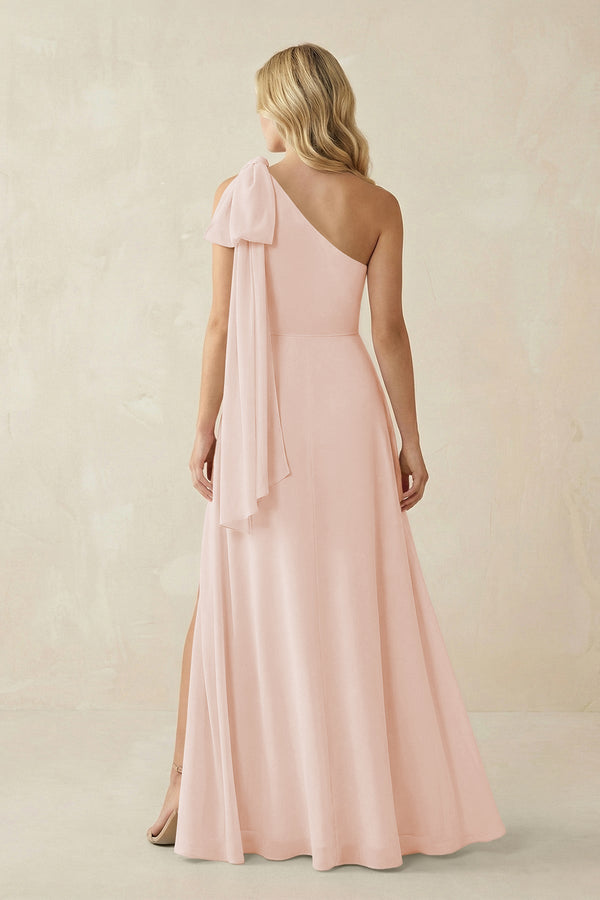Ruffled One Shoulder Chiffon Bridesmaid Dress With Slit in Pale Blush - SHE IS ME BRIDESMAID DRESSES