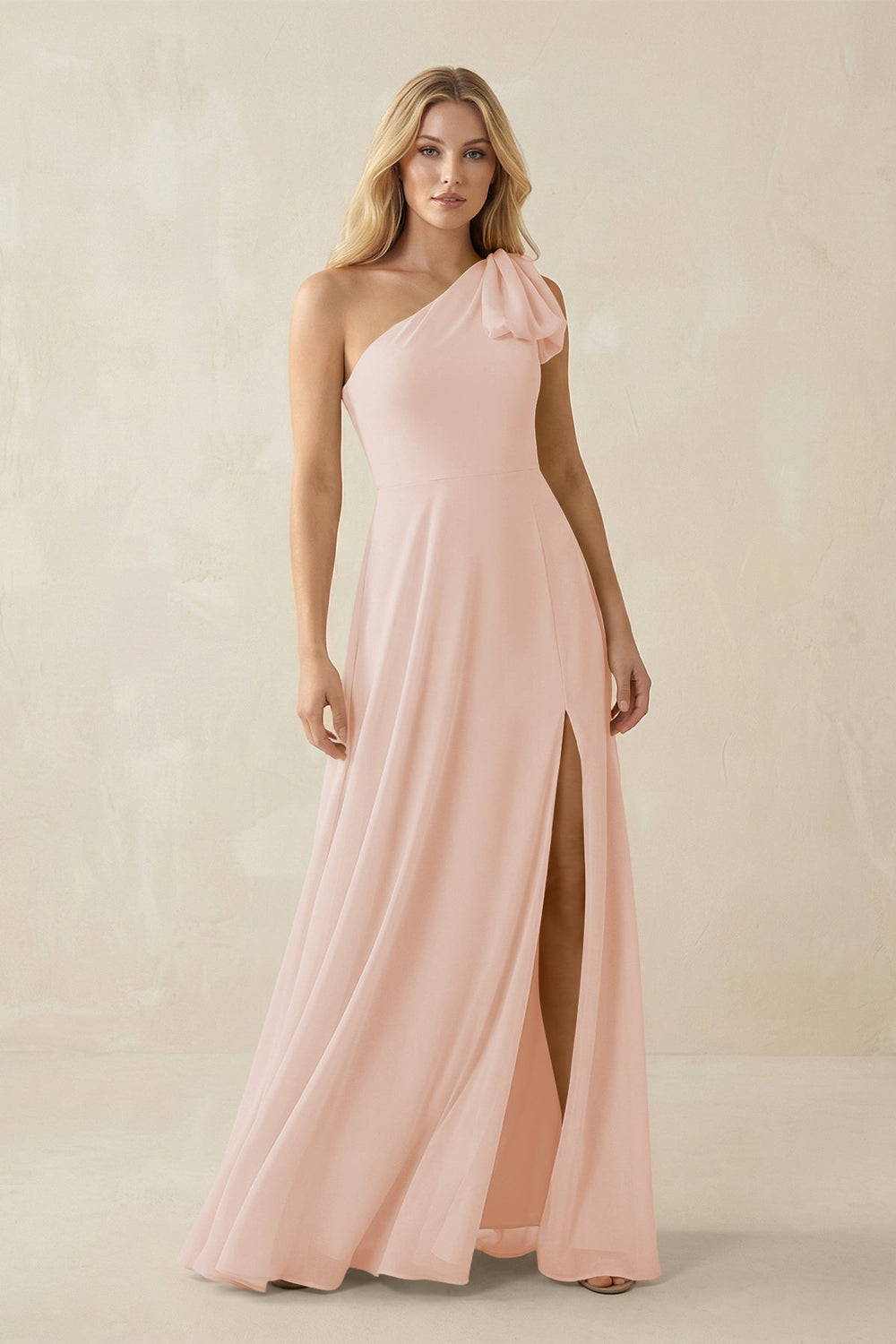 Ruffled One Shoulder Chiffon Bridesmaid Dress With Slit in Pale Blush - KISS BRIDAL BRIDESMAID DRESSES